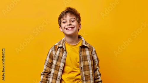 Happy teenage boy in casual clothes against a color background