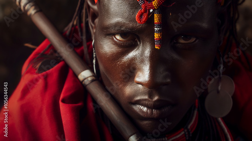 African Maasai Warrior Man Portrait Tribal Beads Jewelry Clothing photo