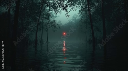 Red light in foggy swamp with water reflection, eerie atmospheric forest, mystical scenery