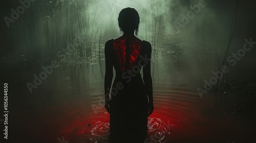 Silhouette of a woman with red glow standing in a glowing red water, mystical lake reflection, ambient nature