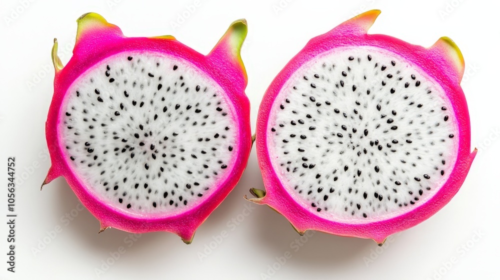 A vibrant dragon fruit sliced in half, showcasing its bright pink skin and striking white flesh dotted with black seeds, displayed on a clean white background A vibrant dragon fruit sliced in half, showcasing its bright pink skin and striking white flesh dotted with black seeds, displayed on a clean white background
