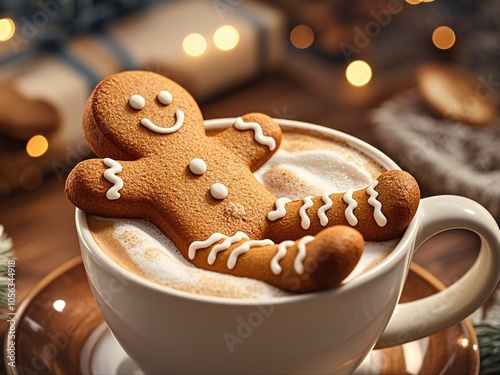 Gingerbread cookie man in a cup of hot chocolate or cappuccino on wooden desk with sunlight photo