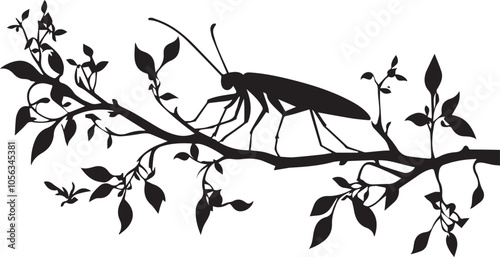 Silhouette of a walking stick insect, camouflaged among branches vector silhouette