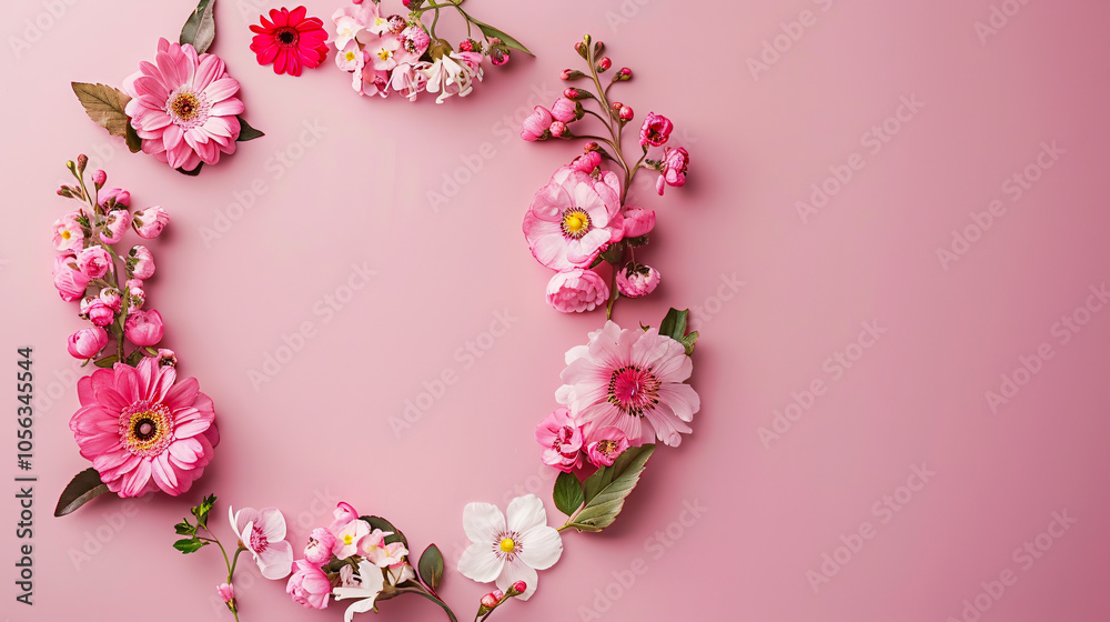 Happy Women's Day decoration concept made from flowers on a pink pastel background Happy Women's Day decoration concept made from flowers on a pink pastel background