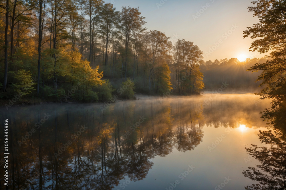 Misty maple forest by a lake at sunrise, golden sunlight reflecting on foggy water, calm atmosphere Misty maple forest by a lake at sunrise, golden sunlight reflecting on foggy water, calm atmosphere