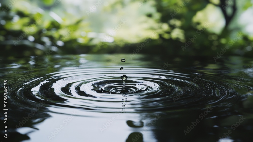 A water drop creating concentric circles in a still pond, beautifully captured against a bright white backdrop for impact A water drop creating concentric circles in a still pond, beautifully captured against a bright white backdrop for impact