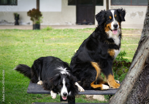 Photography 2 friendly dogs, one Border Collie and the other Bernese Mountain Dog, standing