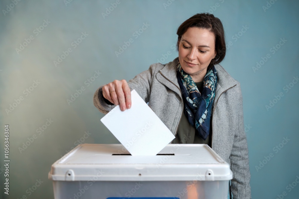 Woman in jacket casting her ballot in election with confident expression Woman in jacket casting her ballot in election with confident expression