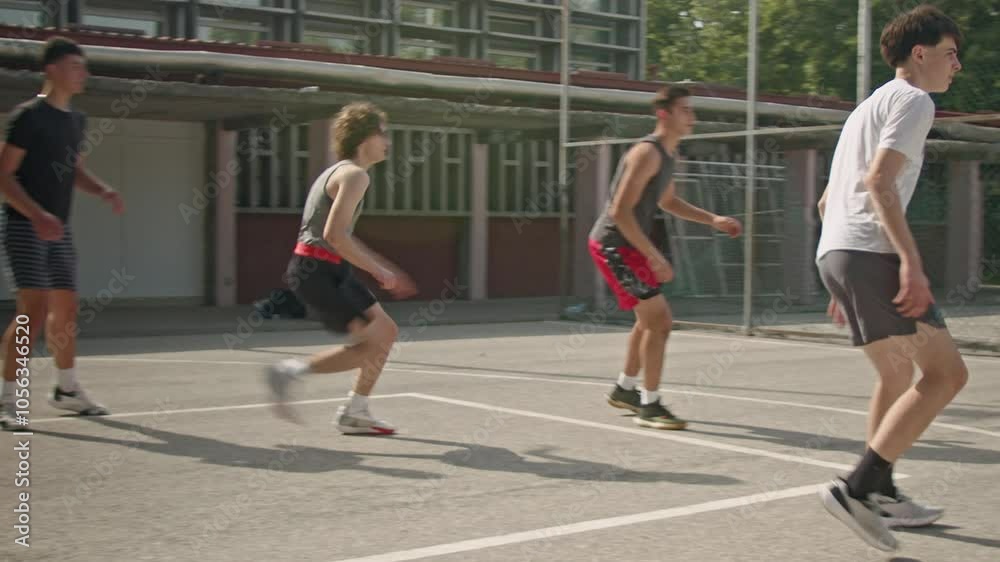 Teenage boys play basketball on an outdoor court. They are having fun, enjoying their free time, and bonding through sports. Teenage boys play basketball on an outdoor court. They are having fun, enjoying their free time, and bonding through sports.