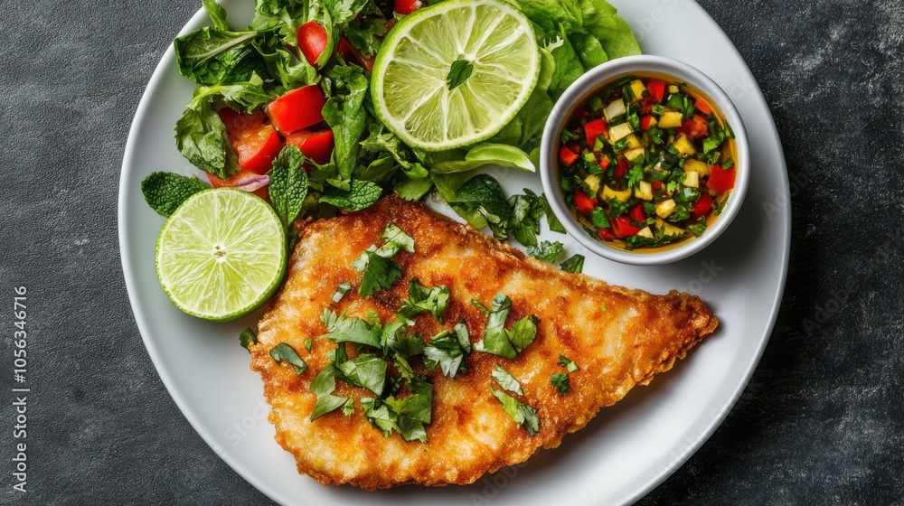 Fried Fish with Fresh Herbs and Lime Slices Fried Fish with Fresh Herbs and Lime Slices