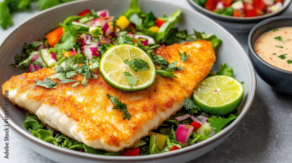 Fried Fish with Fresh Herbs and Lime Slices Fried Fish with Fresh Herbs and Lime Slices