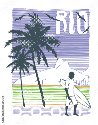 Vector illustration of surfer silhouette on tropical beach.