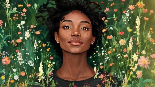 A woman with curly hair smiles as she lies surrounded by colorful wildflowers in a field