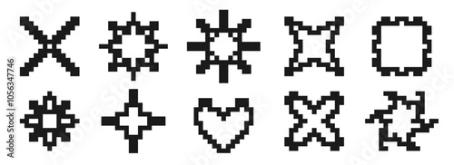Pixelated stars and flowers element set. Black 8-bit pixel art collection. Retro binary sparkle, shine, burst, glitter geometric form pack. Y2K style pixel icon bundle. Vector illustration