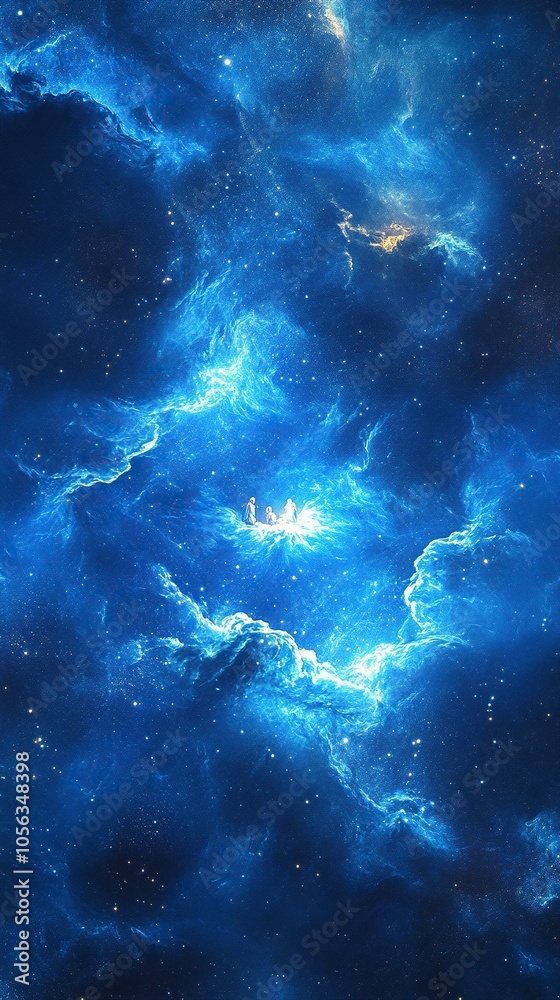 christmas nativity scene, background blue galaxy, ,generative ai christmas nativity scene, background blue galaxy, ,generative ai