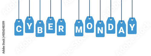 Cyber Monday decoration with price tags, blue labels with blank letters, panoramic vector illustration