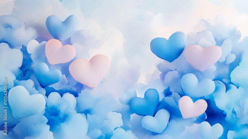 A whimsical scene of heart-shaped clouds in shades of blue and light pink, set against a bright white background, perfect for celebrating love and happiness A whimsical scene of heart-shaped clouds in shades of blue and light pink, set against a bright white background, perfect for celebrating love and happiness