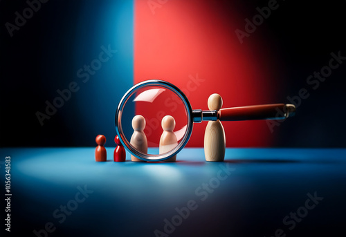 A magnifying glass held by a wooden figure is focused on two figures standing in front of a third, isolated figure. photo