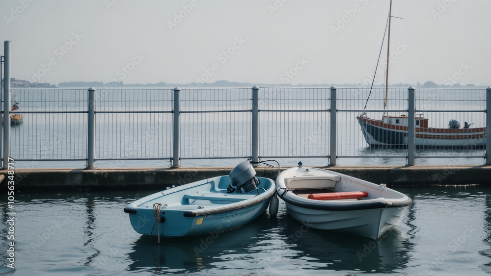 Fototapeta premium Serene Coastal Life: Small Boats Moored Beside a Metal Fence by the Waterfront