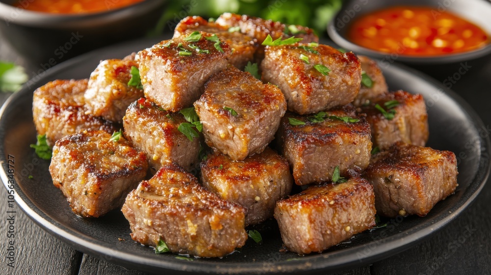 Crunchy Fried Pork Bites on Serving Plate Crunchy Fried Pork Bites on Serving Plate