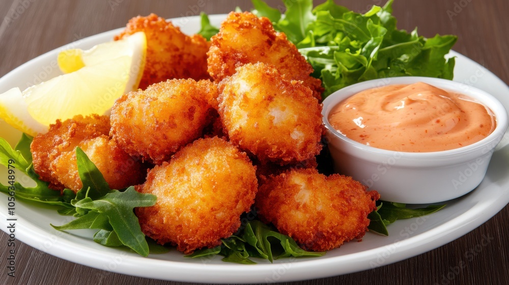 Fried Fish Nuggets with Dipping Sauce and Lemon Wedge Fried Fish Nuggets with Dipping Sauce and Lemon Wedge
