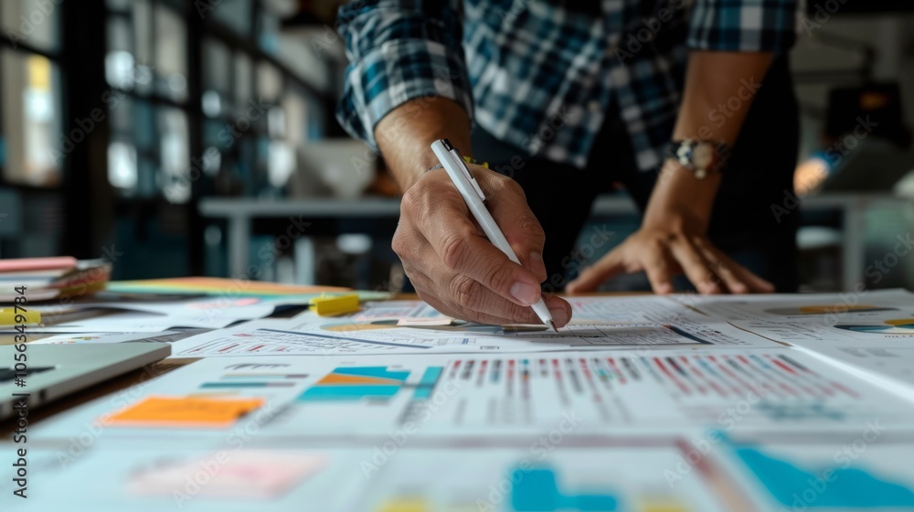 A man's hand carefully analyzes data on a spread of documents, his focus intense as he meticulously examines the graphs and numbers.