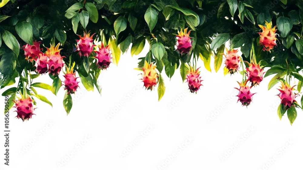 An artistic representation of a dragon fruit tree, with colorful fruits hanging from lush green leaves, captured against a bright white background An artistic representation of a dragon fruit tree, with colorful fruits hanging from lush green leaves, captured against a bright white background