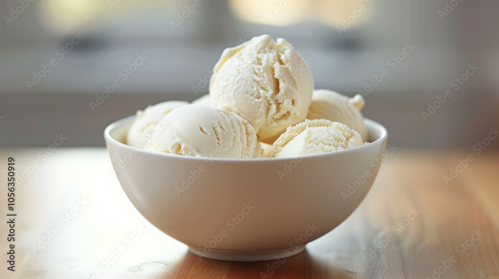 Vanilla ice cream in a bowl on a table with a light backdrop Vanilla ice cream in a bowl on a table with a light backdrop