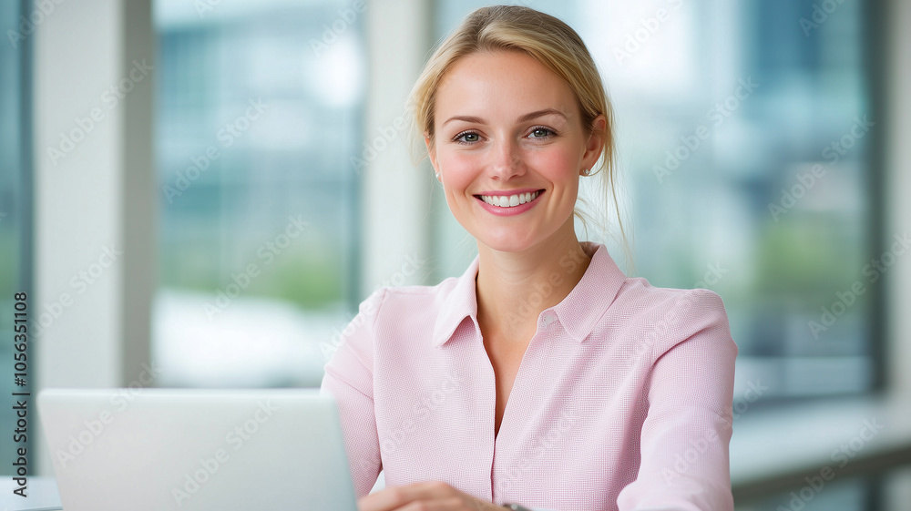 Confident businesswoman smiling at her desk in a modern office setting, wearing a pastel blouse, with a laptop in front of her. Confident businesswoman smiling at her desk in a modern office setting, wearing a pastel blouse, with a laptop in front of her.