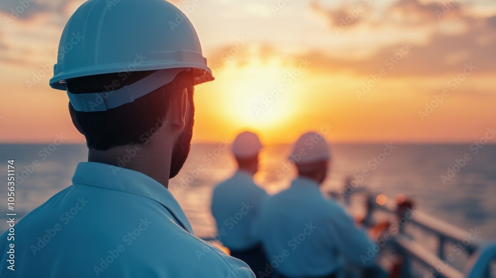 Engineers Monitoring Operations on an Oil Rig at Sunset Engineers Monitoring Operations on an Oil Rig at Sunset