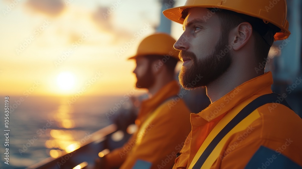 Fototapeta premium Engineers Monitor Operations on Oil Rig at Sunset