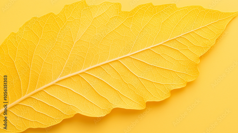 Obraz premium Golden Leaf on Yellow Background: A single, vibrant yellow leaf, illuminated by the sun, rests on a bright yellow background.
