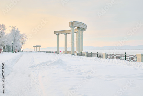 Konstfotografi Culture and Recreation Park of Khabarovsk, Russia after heavy snowfall in the morning at sunrise