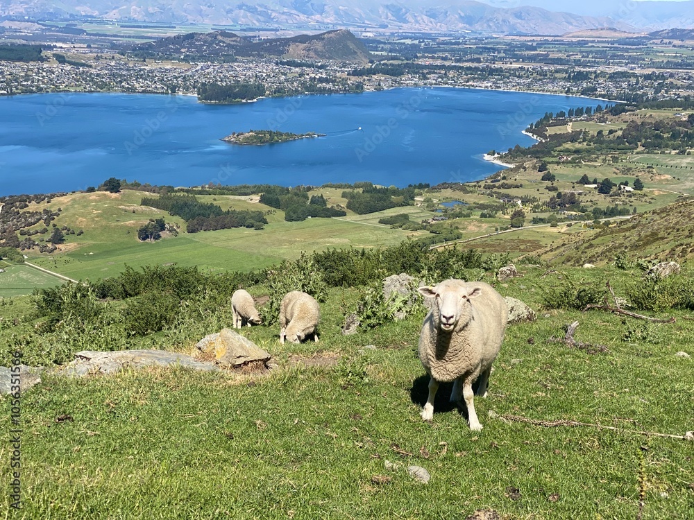Obraz premium Sheep and lambs on the Mount Roy, Roys peak in Wanaka, South Island, New Zealand. Sheep on the mountain.