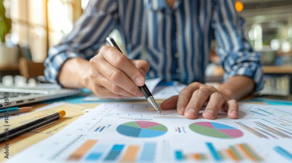 A person's hand points at a pie chart on a spreadsheet, analyzing business data. A person's hand points at a pie chart on a spreadsheet, analyzing business data.
