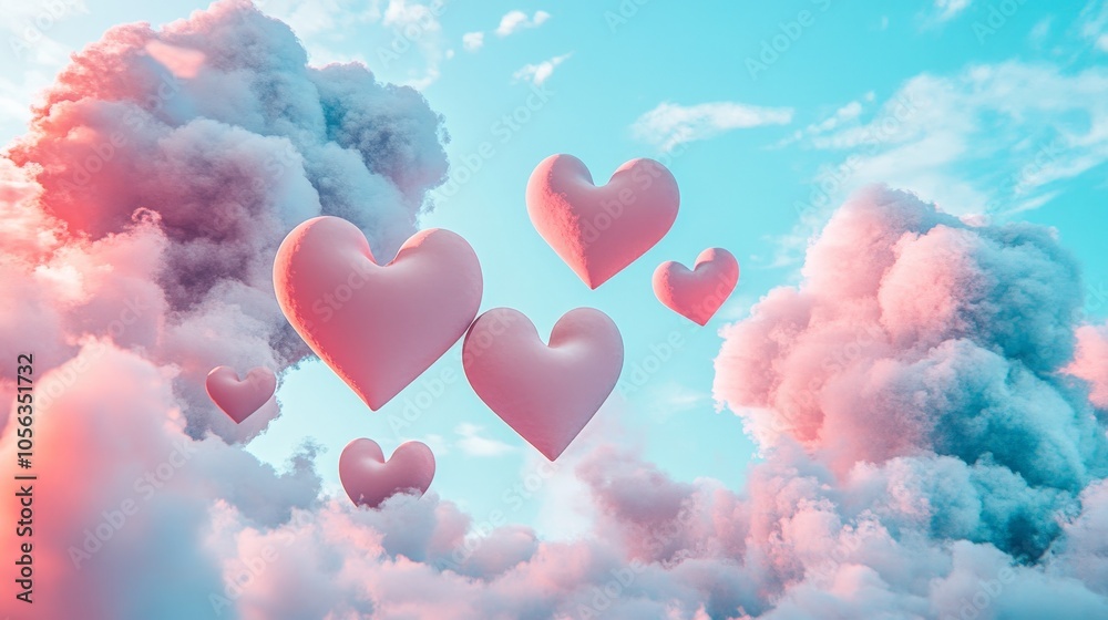 An idyllic scene featuring heart-shaped clouds in a blend of blue and light pink, offering a refreshing view that uplifts the spirit An idyllic scene featuring heart-shaped clouds in a blend of blue and light pink, offering a refreshing view that uplifts the spirit