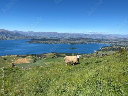 A sheep walking on the Mount Roy, Roys peak in Wanaka, South Island, New Zealand. Sheep on the mountain