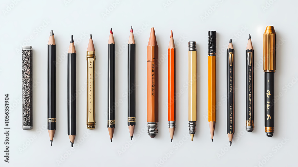 A meticulously crafted, hyper-realistic pencil set lies against a pristine white background, showcasing intricate details and textures of each writing instrument. Pencil Realism. Illustration A meticulously crafted, hyper-realistic pencil set lies against a pristine white background, showcasing intricate details and textures of each writing instrument. Pencil Realism. Illustration