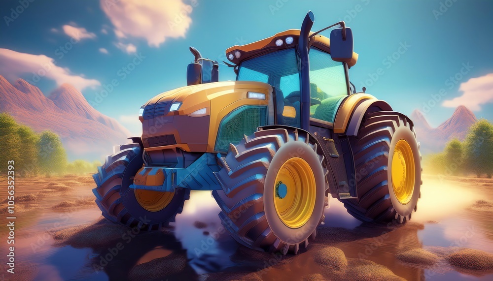 A vibrant, modern tractor stands in a sunlit field, showcasing its robust tires and bright design against a backdrop of mountains and clear skies. A vibrant, modern tractor stands in a sunlit field, showcasing its robust tires and bright design against a backdrop of mountains and clear skies.