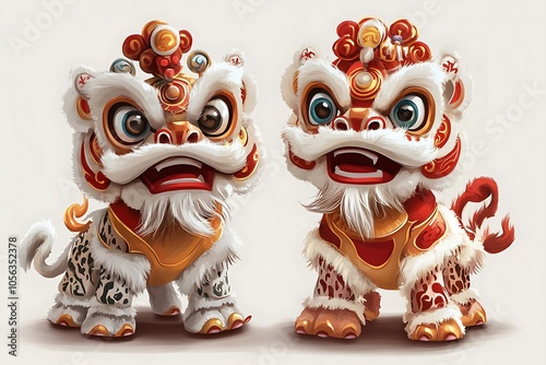 Detailed vector illustration of two chinese lion dance costumes, celebrating lunar new year and traditional festivities