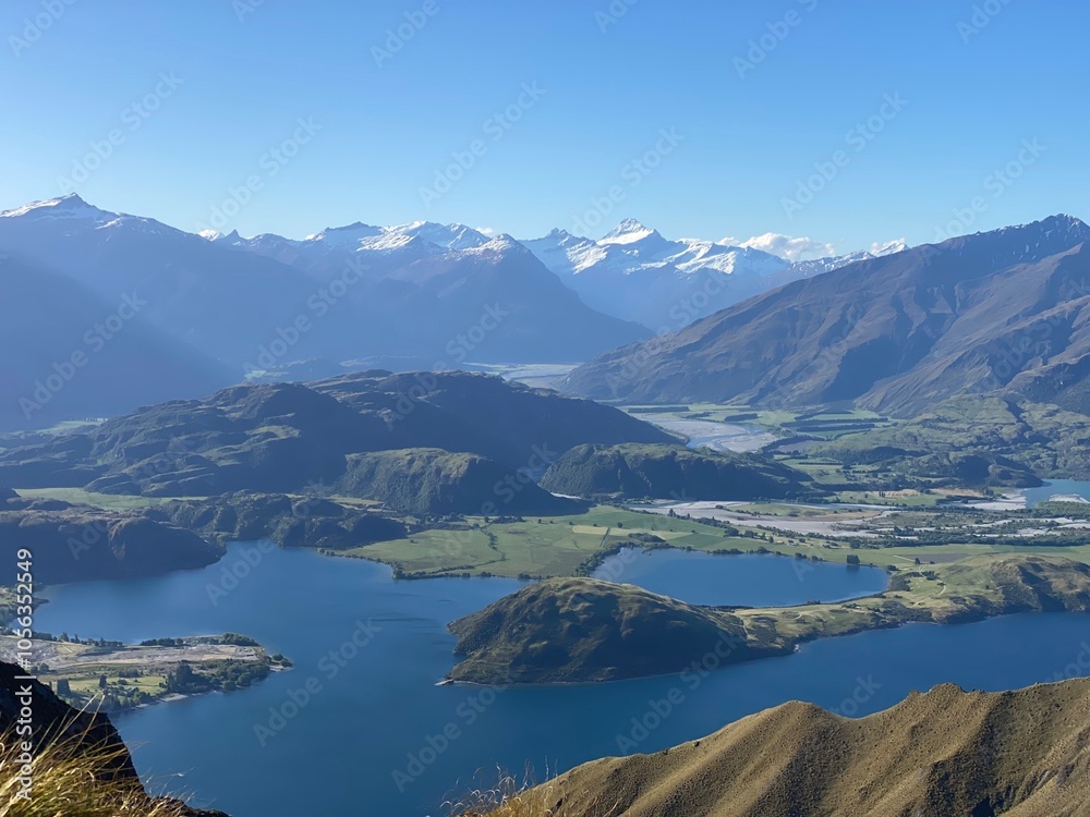 Obraz premium Beautiful landscapes of Lake Wanaka from Mount Roy, Roys Peak, Wanaka, South Island, New Zealand. Landscape with mountains and sky