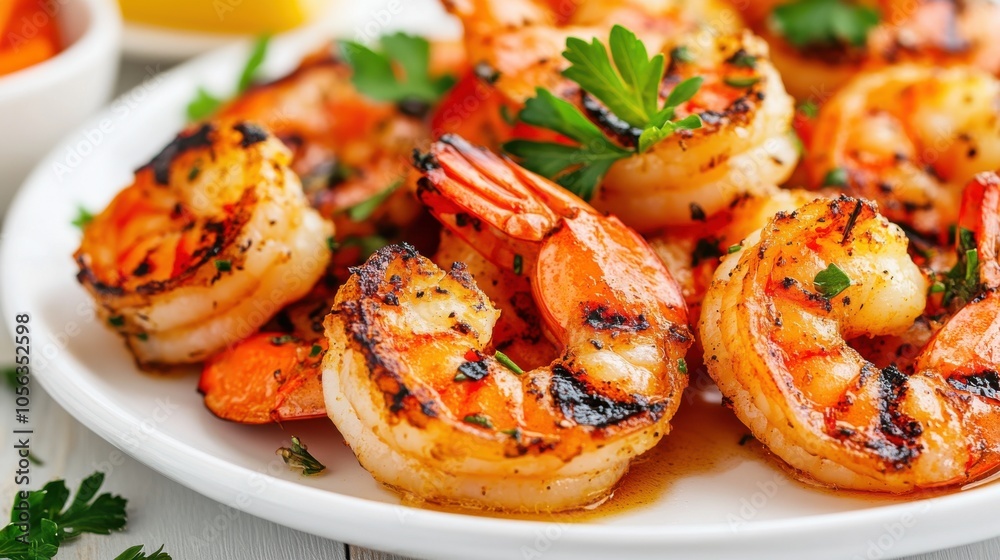 Grilled Jumbo Prawns on White Plate Grilled Jumbo Prawns on White Plate