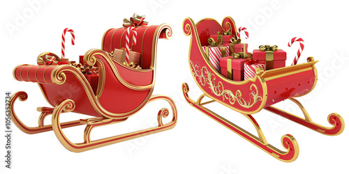 Two Red Christmas Sleighs Filled With Gifts. Isolated on Transparent Background