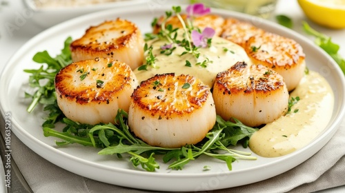 Seared Scallops with Golden Crust on Fresh Greens