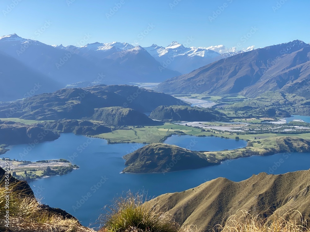 Obraz premium Beautiful landscapes of Lake Wanaka from Mount Roy, Roys Peak, Wanaka, South Island, New Zealand. Landscape with mountains and sky