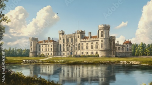 Artistic depiction of Leeds Castle architecture on a clean white canvas, capturing the grandeur of its historic castle building