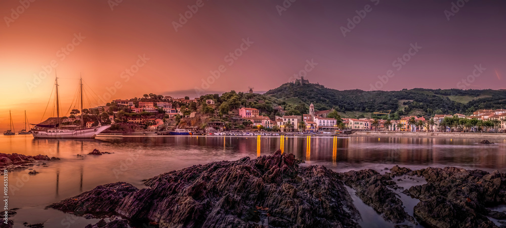 Sunrise In The Beach Port D'avall In The Charming Town Of Collioure In The South Of France. French Catalan Coast. Mediterranean