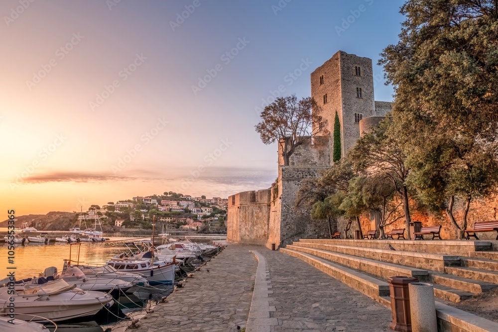 The Royal Castle of Collioure, a huge French royal castle, and the harbor of the city of Collioure, France.