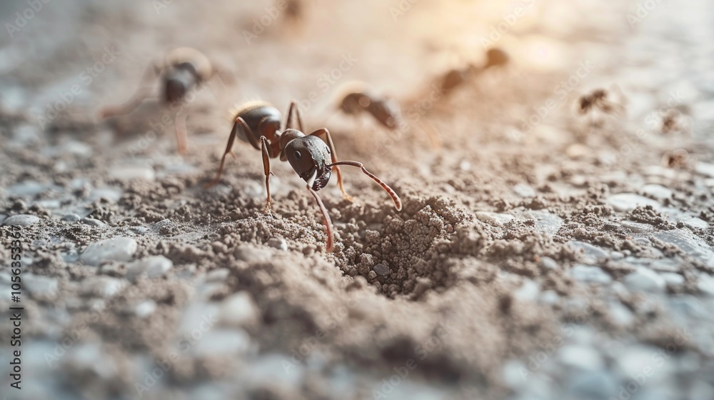 Closeup of a black ant entering an anthill on a dirt surface. AI generative. . Closeup of a black ant entering an anthill on a dirt surface. AI generative. .