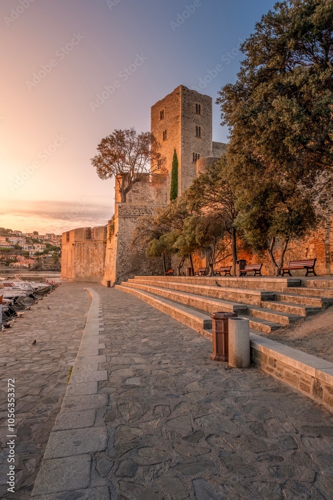 The Royal Castle of Collioure, a huge French royal castle, and the harbor of the city of Collioure, France.